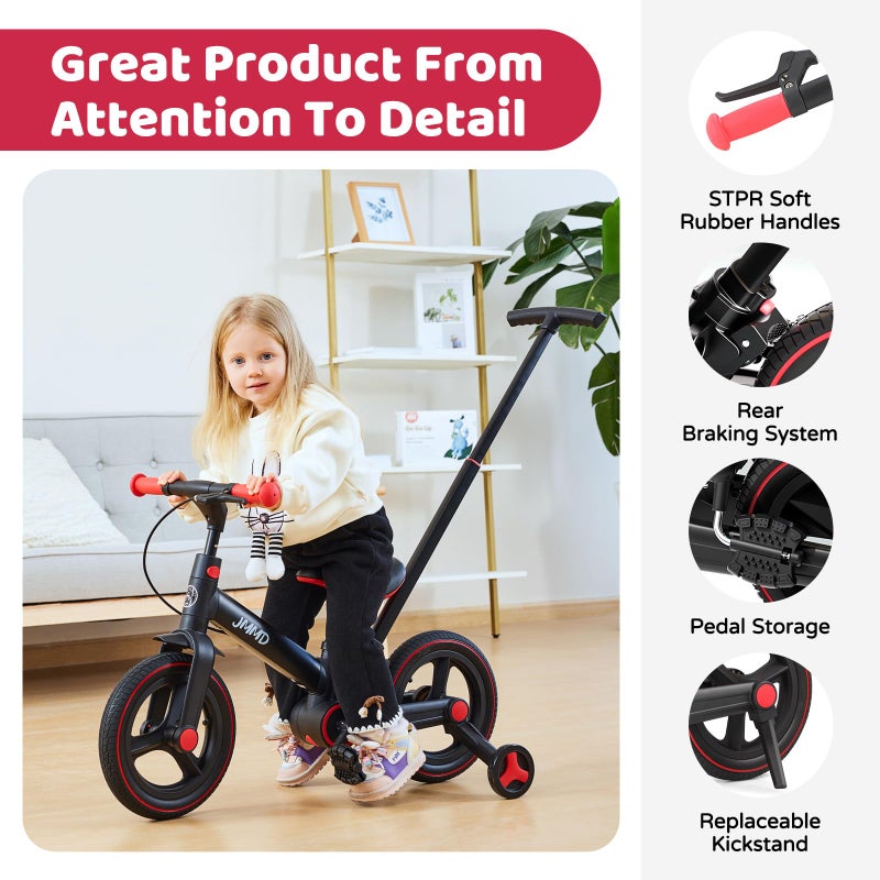 JMMD 6 in 1 Toddler Bike with Push Handle for Kids 18-60 Months, 12" Foldable Balance Bike with Training Wheels, Pedals, Brakes, Kickstand, Push Tricycle Toddler Gift & Toys for Boy & Girl - Image 5