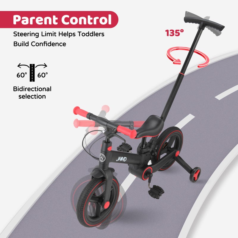JMMD 6 in 1 Toddler Bike with Push Handle for Kids 18-60 Months, 12" Foldable Balance Bike with Training Wheels, Pedals, Brakes, Kickstand, Push Tricycle Toddler Gift & Toys for Boy & Girl - Image 3