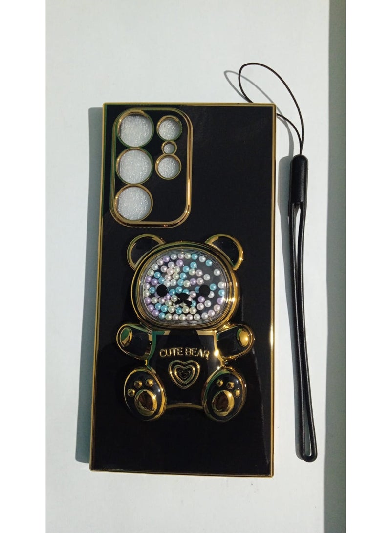 Temu Cartoon bear design phone case with built-in stand and wrist strap, compatible with Samsung S22 Ultra - Image 1