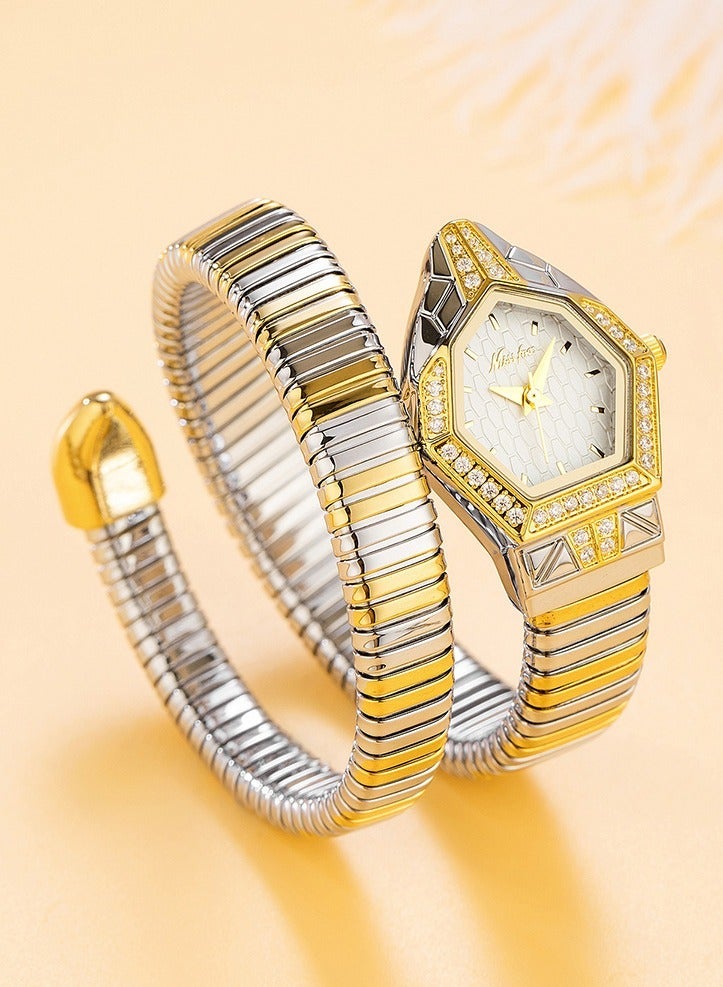 مس_فوكس ساعة نسائية فاخرة بتصميم سوار على شكل ثعبان، ميناء ماسي بشكل ماسي، أنيقة وعصرية، مقاومة للماء بأسلوب عتيق جديد - Image 1