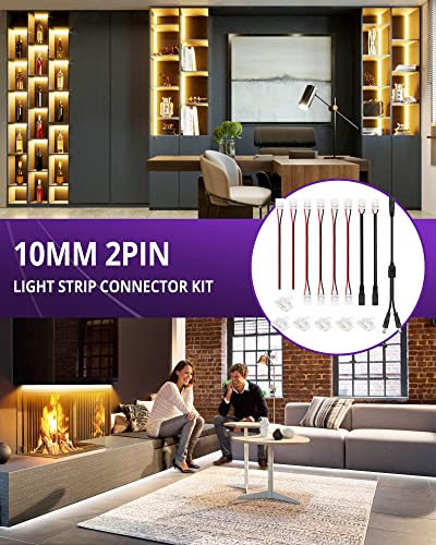 HitLights LED Strip Connector 2Pin 10mm Connector Kit Include Gapless Connector, Jumper Connectors, Pigtail Connector, DC Female and Connector, DC Jack Splitter for COB/2835 Single Color LED Strips - Image 4