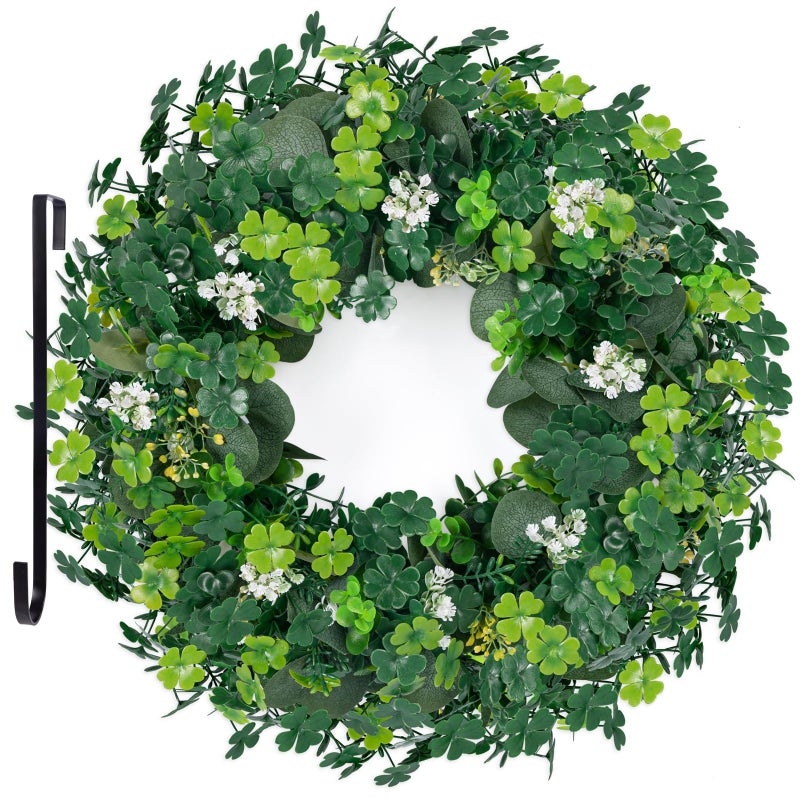 luck sea St Patricks Day Artificial Eucalyptus Wreath Saint Patrick Decorations for Front Door - St Paddys Shamrock Decor for Irish March Home Wall Porch Party Supplies - Image 1