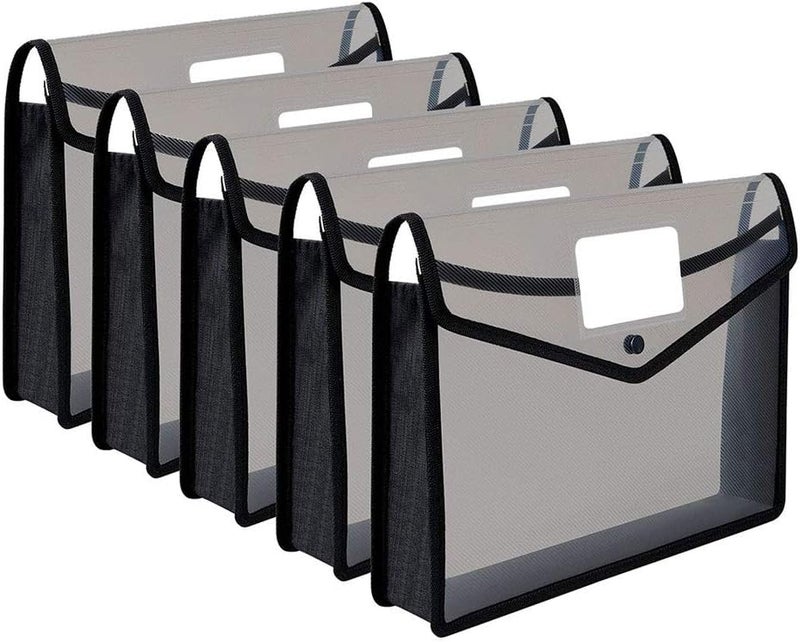 ESSEN Plastic File Folder Expanding A4 Size Poly Envelope Folder Clear Portfolio Bag Transparent Wallet Accordion Expandable File Organizer Document Holder for School Office Home (5 Black) - Image 1