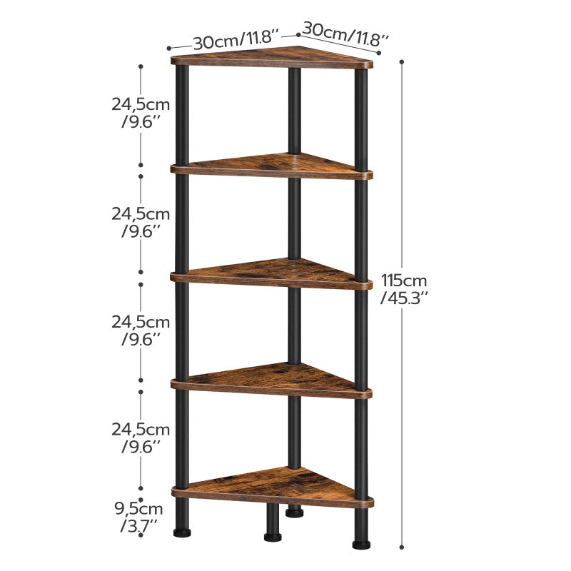 HOOBRO Corner Shelf Stand, Industrial 5-Tier Corner Bookshelf with Metal Frame, Plant Display Shelf, Small Bookcase for Small Spaces, Bedroom, Living Room, Rustic Brown BF33CJ01 - Image 3