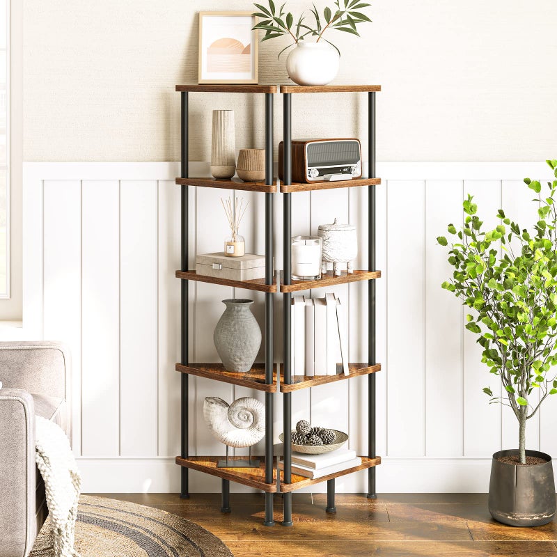HOOBRO Corner Shelf Stand, Industrial 5-Tier Corner Bookshelf with Metal Frame, Plant Display Shelf, Small Bookcase for Small Spaces, Bedroom, Living Room, Rustic Brown BF33CJ01 - Image 4