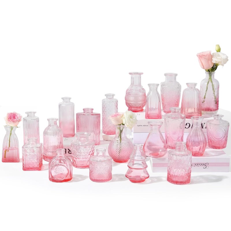 RUCKAE Flower Vase in Bulk 22 Glass Bud Vases Vintage Small Vases for Centerpiece Table Wedding Decorations Home Decor Party (Gradient Pink 22 Pack) - Image 1