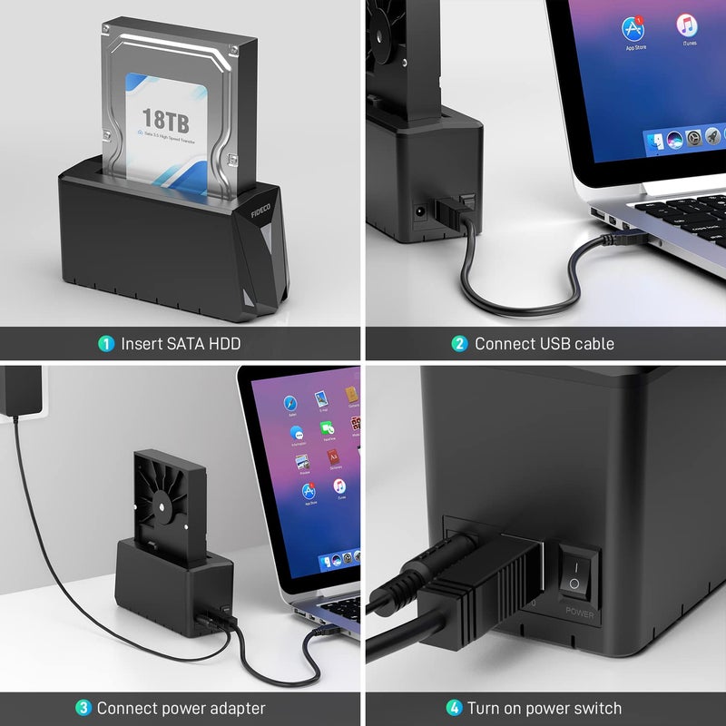 FIDECO Hard Drive Docking Station, USB 3.0 Docking Station for 2.5 3.5 inch SATA HDD SSD, Hard Drive Enclosure with 12V Power Adapter, Support Maximum 18TB Hard Drive - Image 4