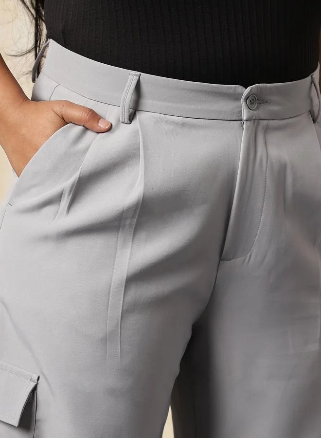 HIGH STAR Women Loose Fit High-Rise Wrinkle Free Pleated korean Cargo Trousers