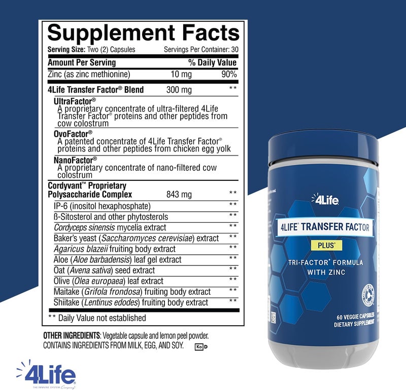 4Life Transfer Factor Plus  Support with Zinc Super Mushroom Blend Maitake Shiitake Agaricus and Colostrum  Egg Yolk Extracts  60 Capsules - Image 2