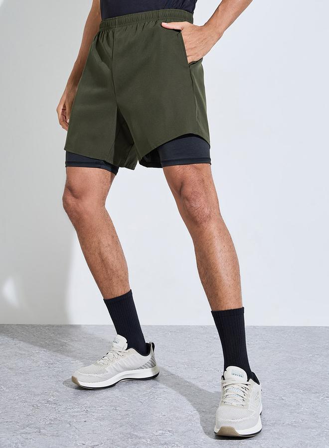 Styli Active Men Olive 2in1 Running Shorts - Image 1