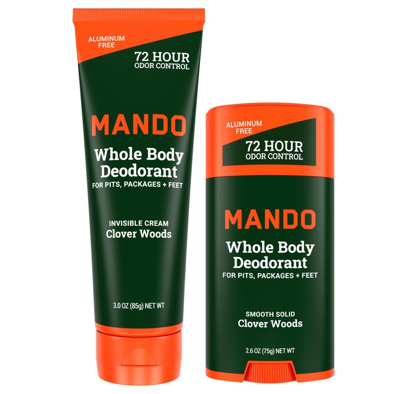 Mando Whole Body Deodorant - Invisible Cream Tube and Solid Stick - 72 Hour Odor Control - Aluminum Free, Baking Soda Free, Skin Safe - 3.0 Oz Tube and 2.6 Oz Solid Stick - Clover Woods - Image 1