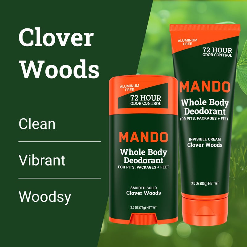 Mando Whole Body Deodorant - Invisible Cream Tube and Solid Stick - 72 Hour Odor Control - Aluminum Free, Baking Soda Free, Skin Safe - 3.0 Oz Tube and 2.6 Oz Solid Stick - Clover Woods - Image 3