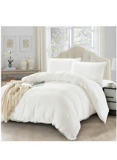 Donetella Comforter Set 4-Pcs Single Size Bed Fits(120 x 200 Cm) Bedding With Pom pom Lace And Removable Filler, White  - Image 1