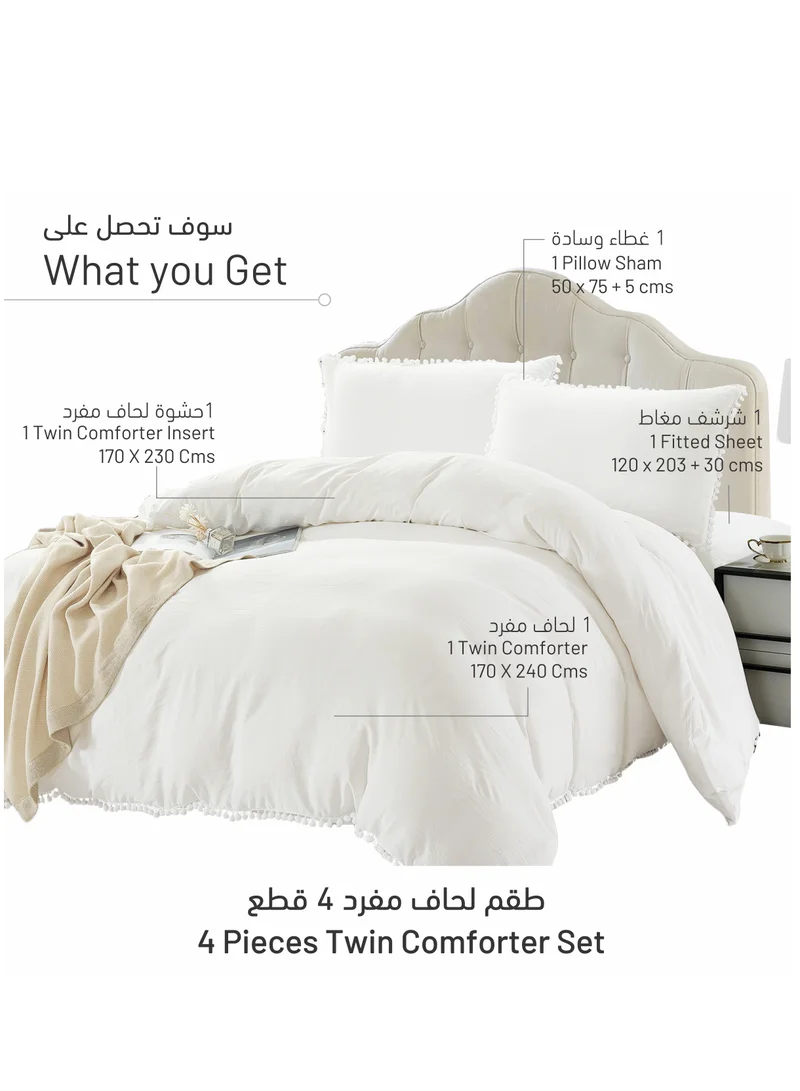 Donetella Comforter Set 4-Pcs Single Size Bed Fits(120 x 200 Cm) Bedding With Pom pom Lace And Removable Filler, White