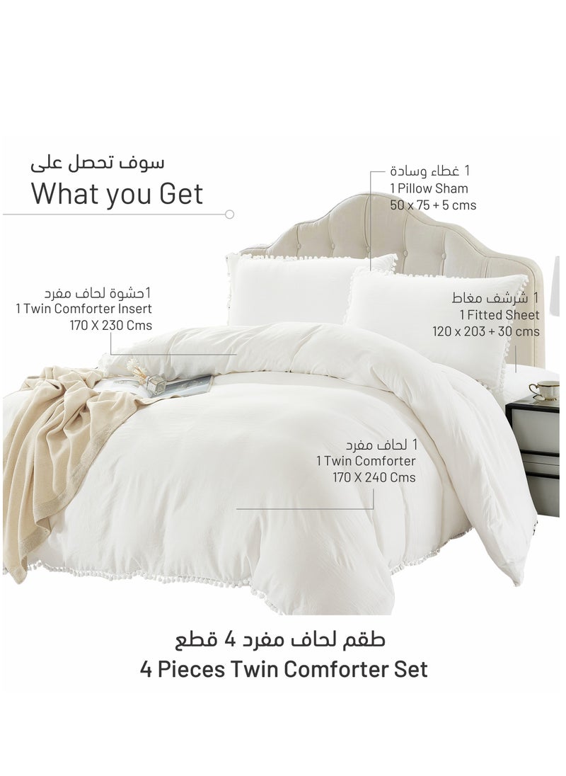 Donetella - Comforter Set 4-Pcs Single Size Bed Fits(120 x 200 Cm) Bedding With Pom pom Lace And Removable Filler, White - Image 1