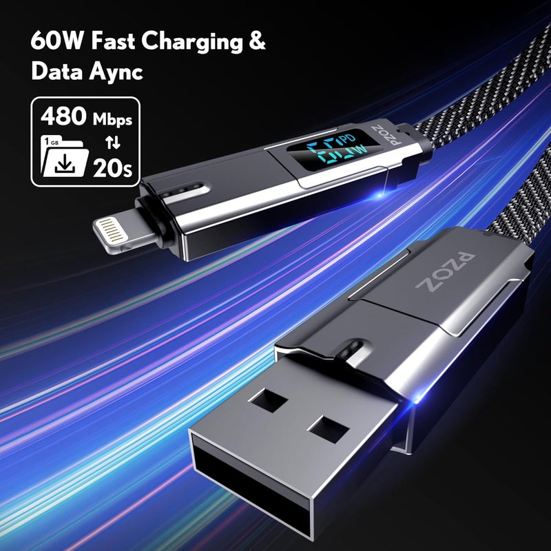 Pzoz 4 in 1 Multi Charging Cable 1.5M, 60W PD Fast Charging Cord with LED Display, USB C & USB A to Lightning & USB C Cable for iPhone 17/16/15/14, Samsung Galaxy - Image 4