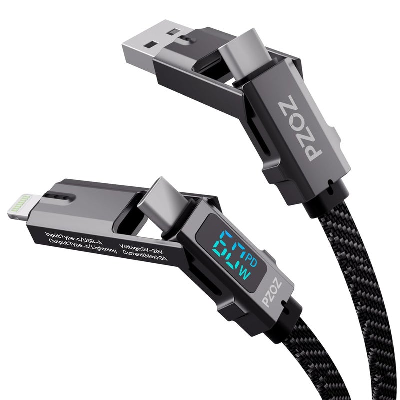 Pzoz 4 in 1 Multi Charging Cable 1.5M, 60W PD Fast Charging Cord with LED Display, USB C & USB A to Lightning & USB C Cable for iPhone 17/16/15/14, Samsung Galaxy - Image 1