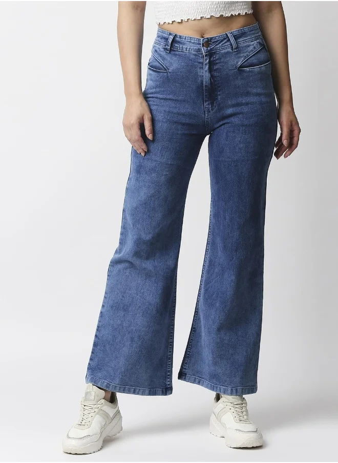 HIGH STAR Women Blue Wide Leg High-Rise Light Fade Acid Wash Stretchable Jeans