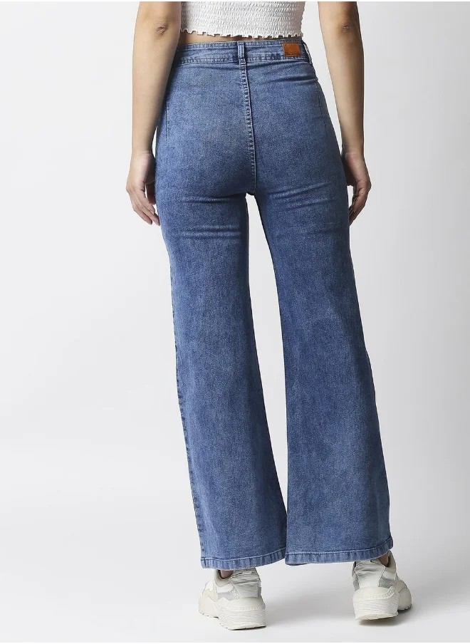 HIGH STAR Women Blue Wide Leg High-Rise Light Fade Acid Wash Stretchable Jeans