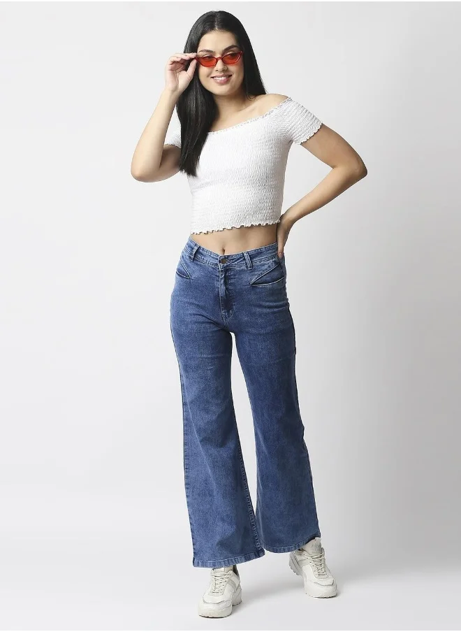 HIGH STAR Women Blue Wide Leg High-Rise Light Fade Acid Wash Stretchable Jeans