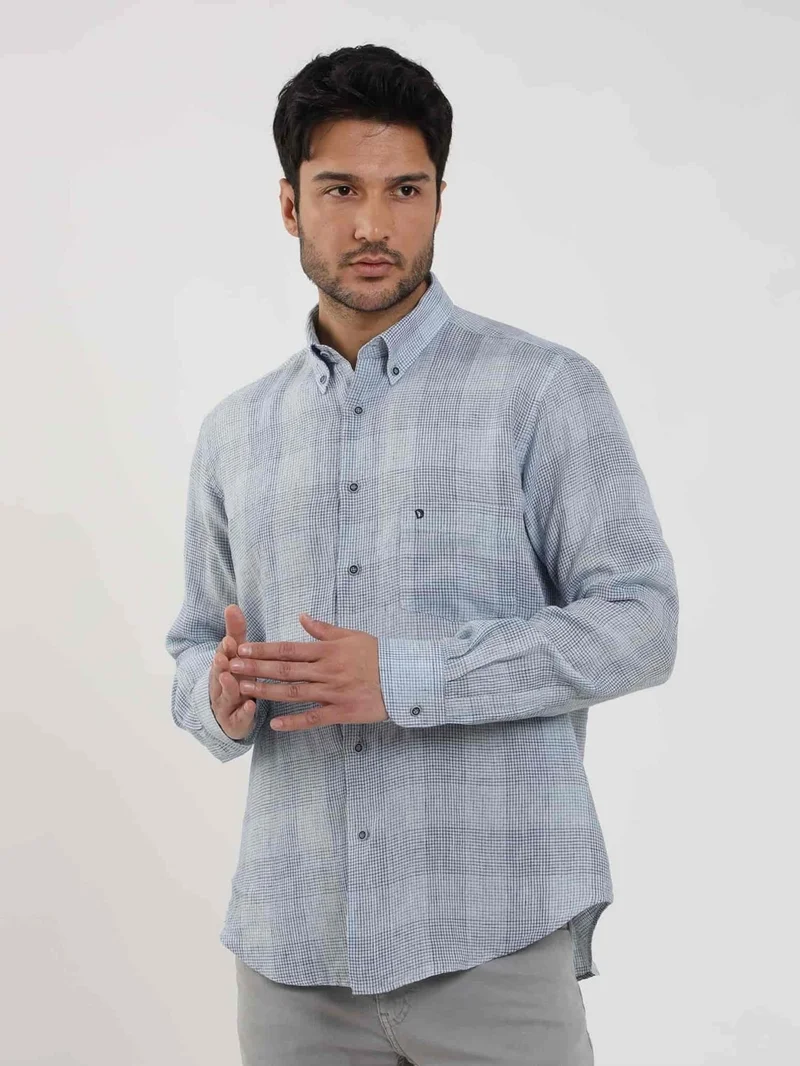 دوفي Blue Men's Regular Fit Checked Button Collar Long Sleeve Linen Shirt - 104905