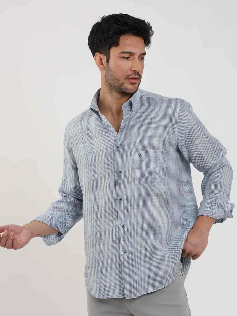 دوفي Blue Men's Regular Fit Checked Button Collar Long Sleeve Linen Shirt - 104905