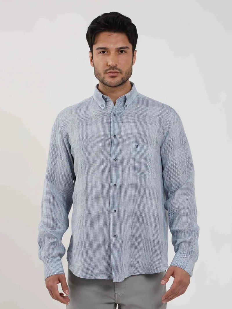 دوفي Blue Men's Regular Fit Checked Button Collar Long Sleeve Linen Shirt - 104905
