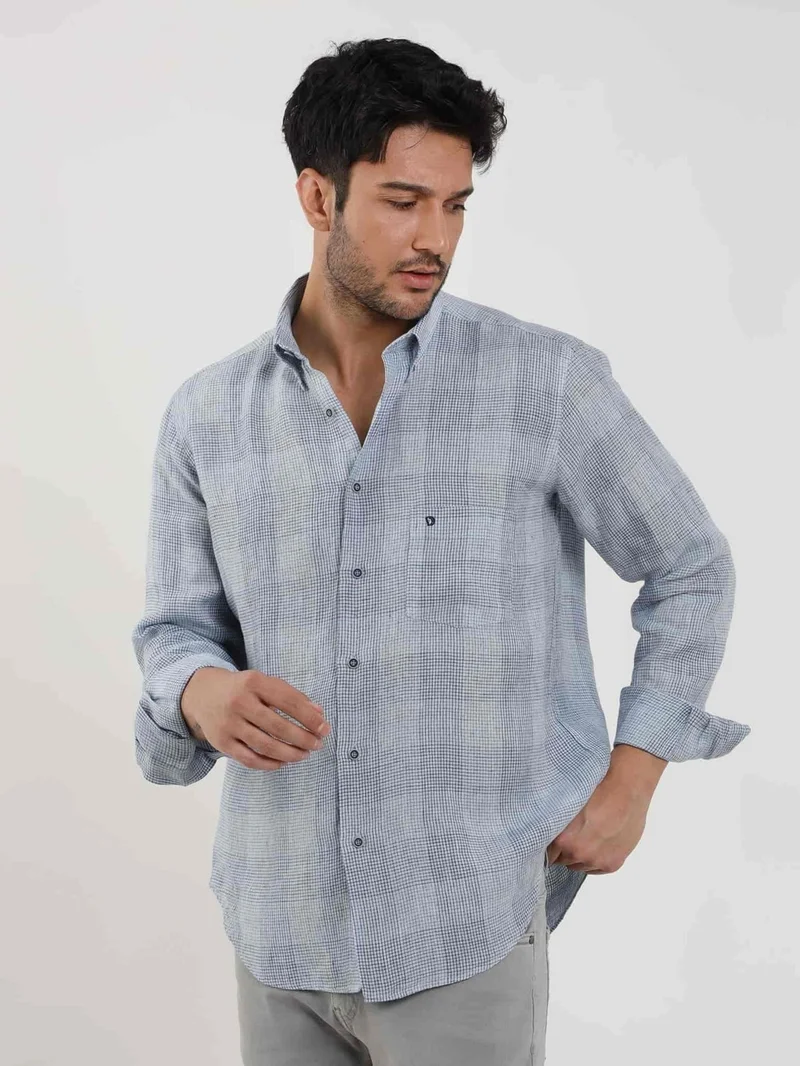 دوفي Blue Men's Regular Fit Checked Button Collar Long Sleeve Linen Shirt - 104905