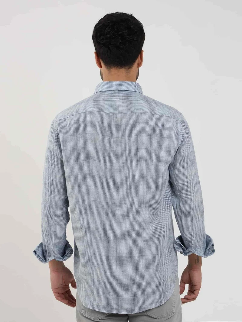 دوفي Blue Men's Regular Fit Checked Button Collar Long Sleeve Linen Shirt - 104905