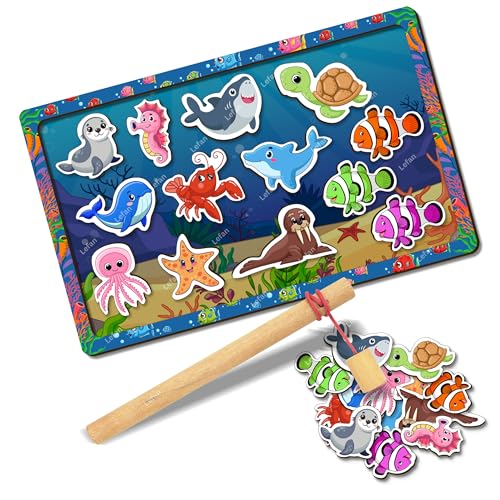 Lefan Wooden Magnetic Fishing Game for Kids Montessori Toddler Toy with 1 Magnetic Rod and Assorted Wooden Fish Fine Motor Skill Development Toy for Boys & Girls Ages 3 4 5 6 7+ - Image 1