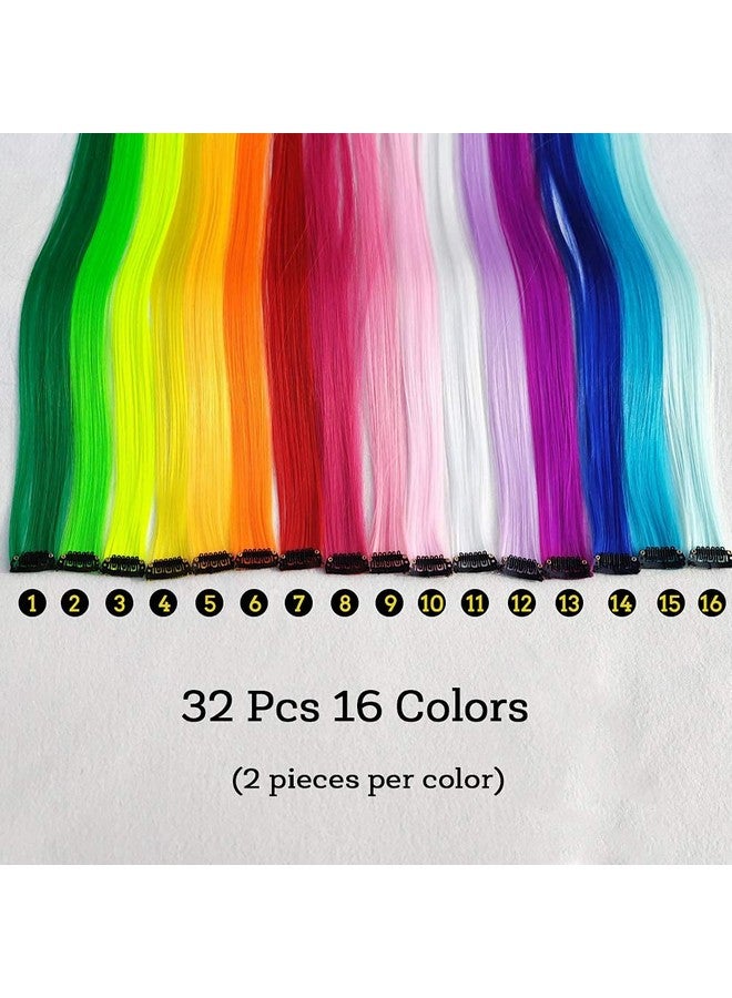 KGBFASS 32Packs Colored Hair Extensions 20Inch Straight Color Clip In On Hair Extension Rainbow Party Highlights Synthetic Hairpiece For Girls (16 Colors) - Image 5