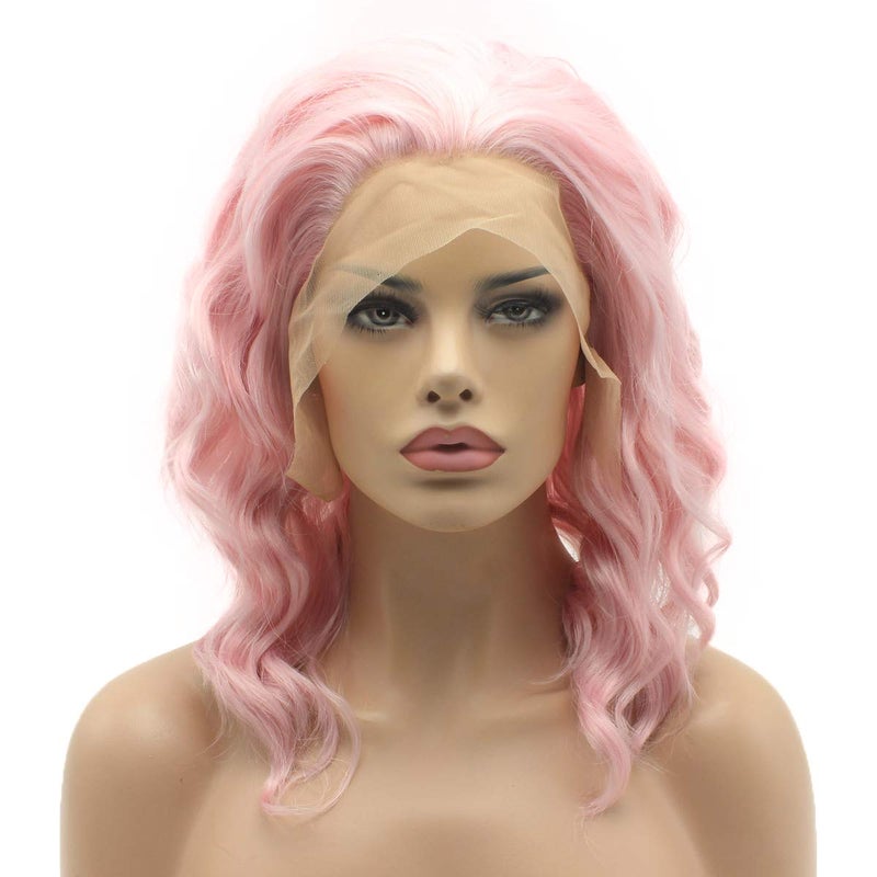 Lushy Lushy Hair Lace Front Synthetic Wig Curly Short 14inch Pink Wig Heavy Density Realistic Wig 