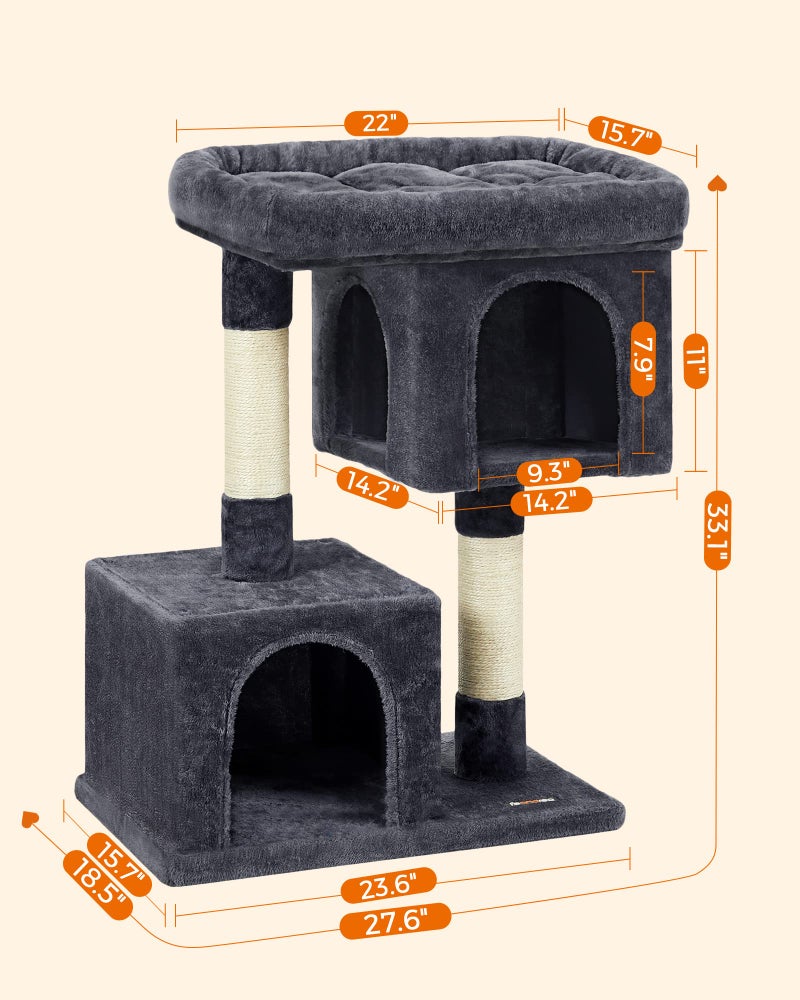 Feandrea Cat Tree, 33.1-Inch Cat Tower, Plush Condo for Large Cats up to 16 lb, Large Perch, 2 Caves, Scratching Post, Smoky Gray UPCT61G - Image 5