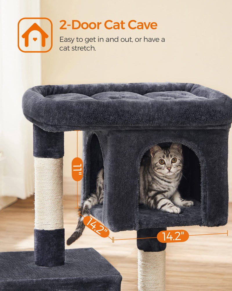 Feandrea Cat Tree, 33.1-Inch Cat Tower, Plush Condo for Large Cats up to 16 lb, Large Perch, 2 Caves, Scratching Post, Smoky Gray UPCT61G - Image 4