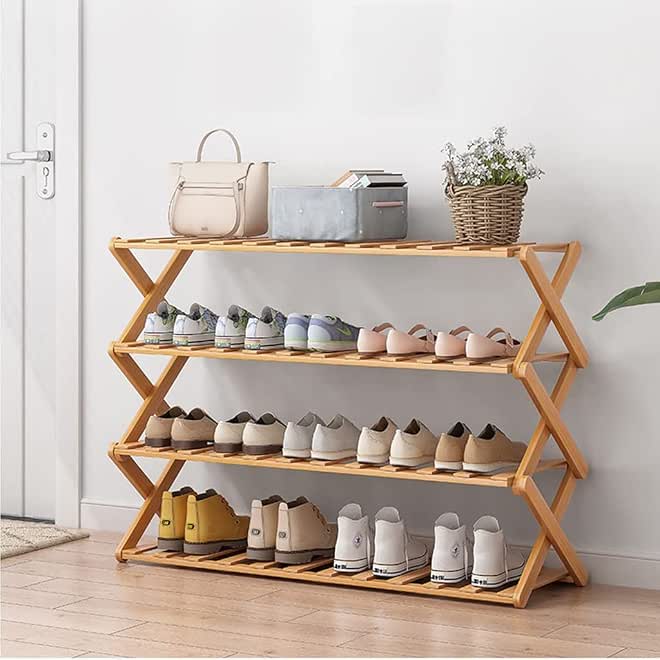Moonmen Foldable Shoe Rack, Multi-Tier Bamboo Shoes Shelf Free Standing Shoe Rack Entryway Storage Organizer for Hallway Bathroom Living Room Bedroom, Balcony (4-tier)
