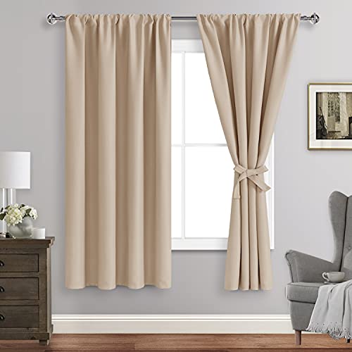 JIUZHEN Blackout Curtains for Bedroom– Thermal Insulated,Noise Reducing Room Darkening Rod Pocket Curtains for Living Room, Set of 2 Panels with Tiebacks, 42 x 63 inch Long, Beige - Image 1