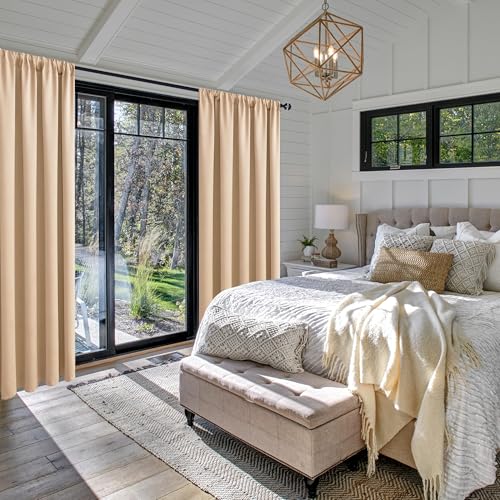 JIUZHEN Blackout Curtains for Bedroom– Thermal Insulated,Noise Reducing Room Darkening Rod Pocket Curtains for Living Room, Set of 2 Panels with Tiebacks, 42 x 63 inch Long, Beige - Image 3