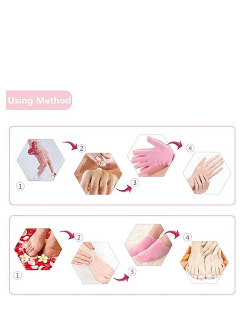 Moisturizing gel gloves and socks. This set features a soft silicone lining that ensures comfort during use. Pink color. These gloves and socks give you a touch of elegance while taking care of yourself.