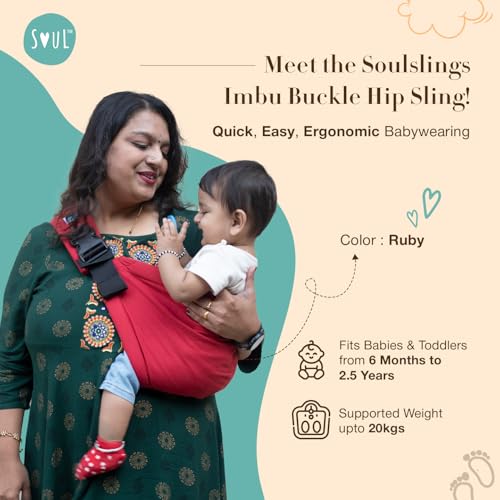 Soulslings Imbu Buckle Hip Sling Baby Carrier -100% Cotton - Ruby | Baby Toddler Carrier | Baby Sling Carrier | Lightweight Sling Baby Carrier for Babies & Toddlers | Adjustable for 6 - 30 Months (Upto 20kg) | - Image 2