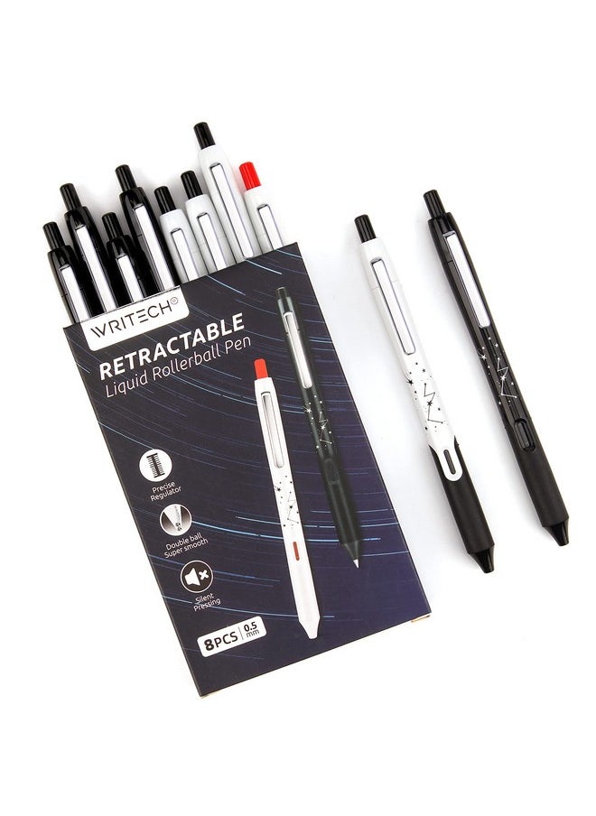 WRITECH Retractable Liquid Rollerball Pen: Click Silent Multicolor Rolling Ball Pens Black & Red Ink Colorwriting Journaling Notetaking Sketching 8Ct Smooth 0.5Mm Fine Point Tip No Bleed Smear Smudge  - Image 1