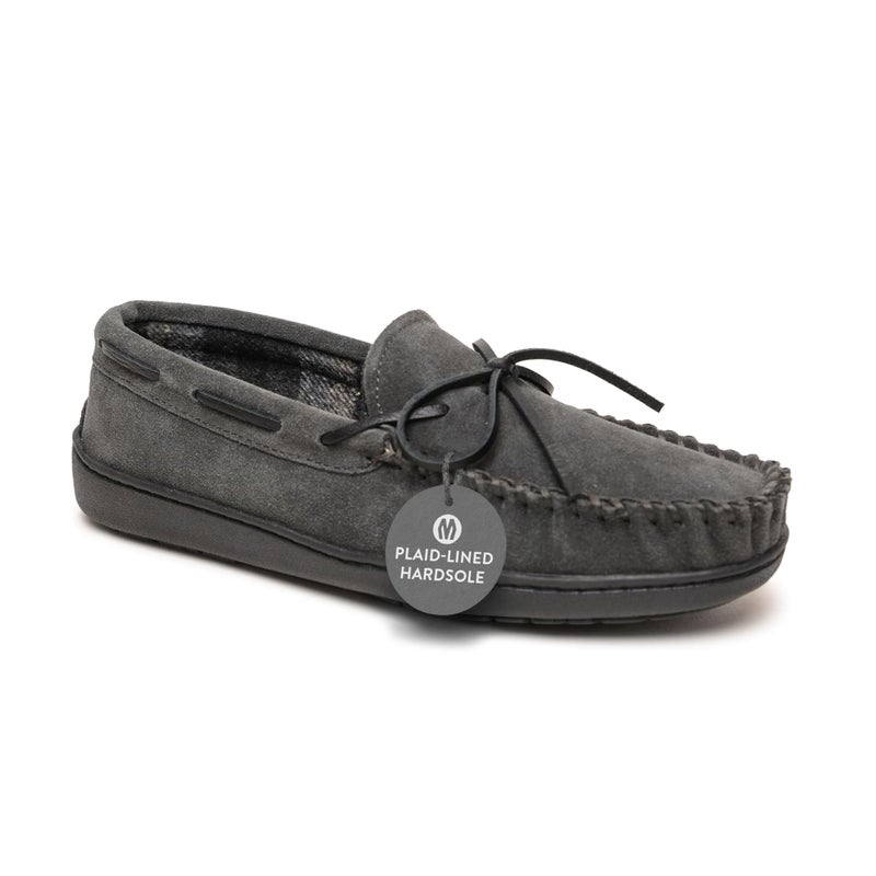 Minnetonka Plaid Lined Hardsole - Moccasin Slippers for Men Made with Suede Upper, Rubber Sole, Plush Interior, Fleece Lining, Rawhide Lace, and Traditional Moccasin Design, 11 M Charcoal - Image 1