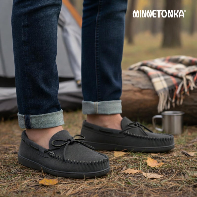 Minnetonka Plaid Lined Hardsole - Moccasin Slippers for Men Made with Suede Upper, Rubber Sole, Plush Interior, Fleece Lining, Rawhide Lace, and Traditional Moccasin Design, 11 M Charcoal - Image 3