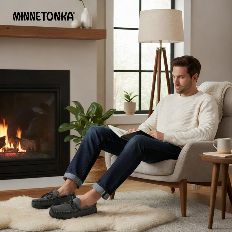 Minnetonka Plaid Lined Hardsole - Moccasin Slippers for Men Made with Suede Upper, Rubber Sole, Plush Interior, Fleece Lining, Rawhide Lace, and Traditional Moccasin Design, 11 M Charcoal - Image 2