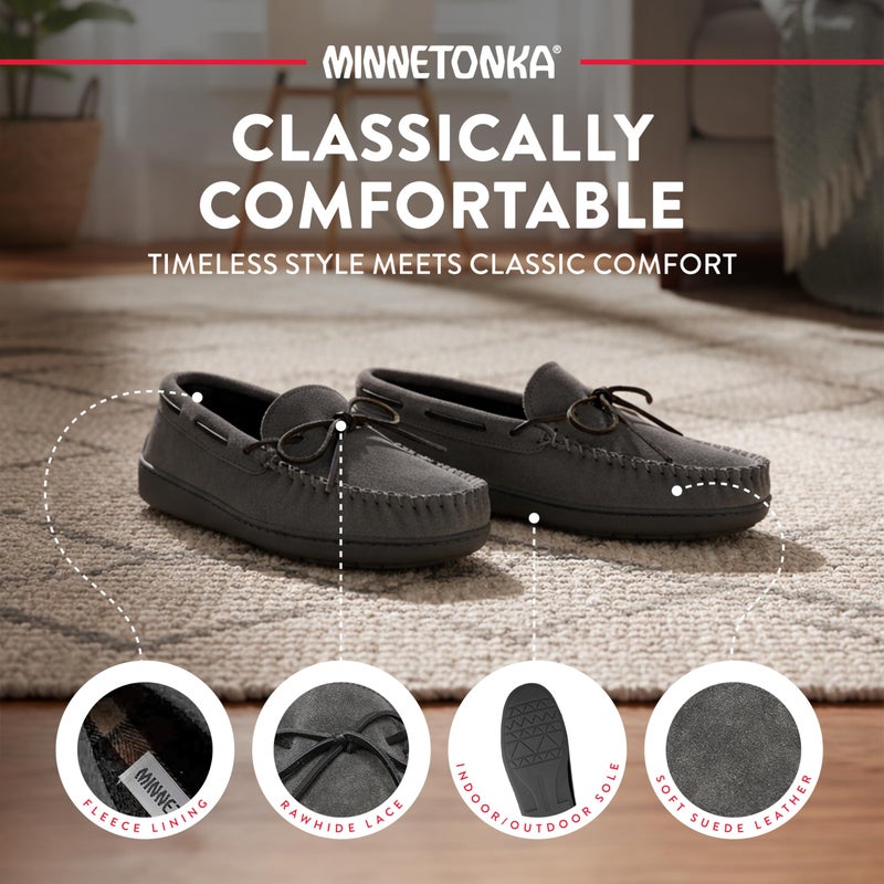 Minnetonka Plaid Lined Hardsole - Moccasin Slippers for Men Made with Suede Upper, Rubber Sole, Plush Interior, Fleece Lining, Rawhide Lace, and Traditional Moccasin Design, 11 M Charcoal - Image 5