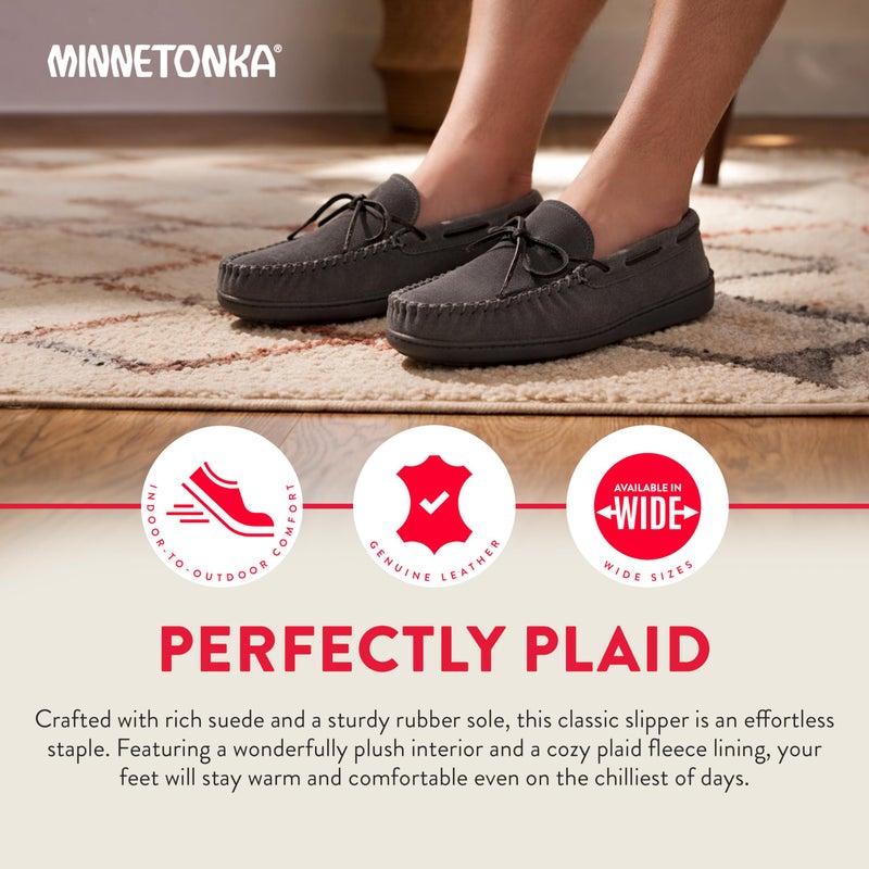 Minnetonka Plaid Lined Hardsole - Moccasin Slippers for Men Made with Suede Upper, Rubber Sole, Plush Interior, Fleece Lining, Rawhide Lace, and Traditional Moccasin Design, 11 M Charcoal - Image 4