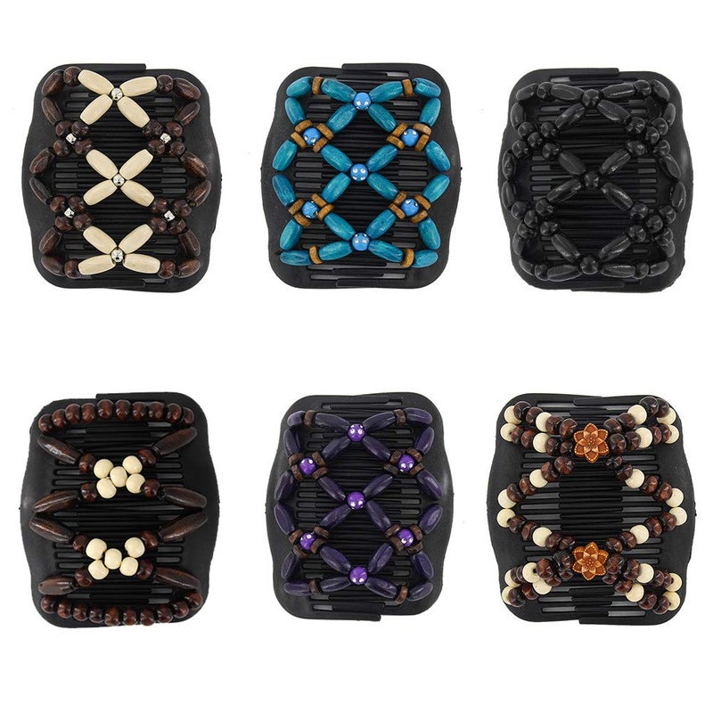 Yeshan Yeshan Magic Hair Side Combs for Women Wood Beaded Stretch Double Clips Bun Maker Hair AccessoriesPack of 6