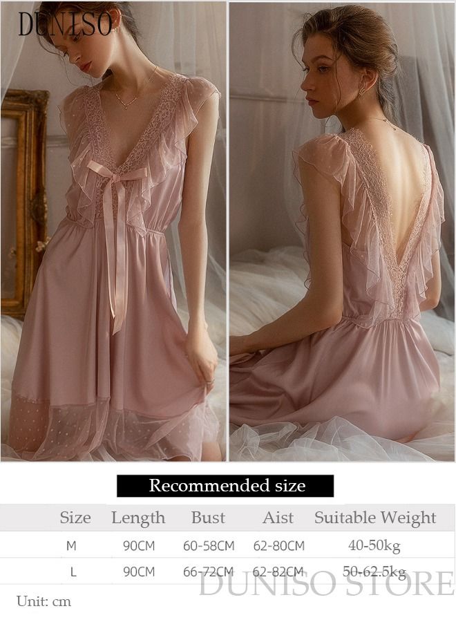 DUNISO Women's Sleeveless Nightgown Sweet Silk Night Dress Lace V neck Pajama Dress Sleepwear Girls Comfortable Nightwear Summer Home Wear Lounge Dress - Image 4