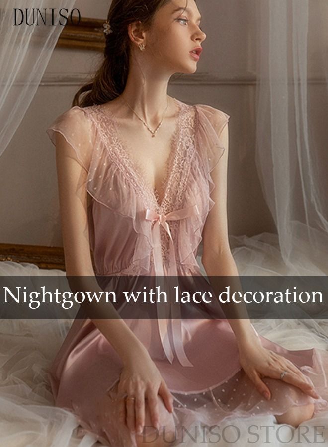 DUNISO Women's Sleeveless Nightgown Sweet Silk Night Dress Lace V neck Pajama Dress Sleepwear Girls Comfortable Nightwear Summer Home Wear Lounge Dress - Image 3