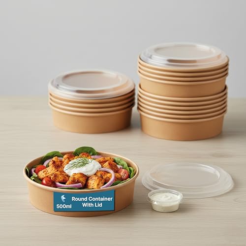 Kaagat® Disposable Round Paper Containers with Lids | Takeout Containers for Hot/Cold Foods, Soup, Salad, Dessert, Pasta, Noodles | Microwavable, Leak-Proof Food Storage Containers- 500ml, 25 Pack - Image 1