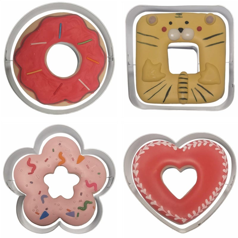 Comais Large Size Donut Design Cookie Cutters Set of 4 pcs, Stainless Steel 4 Shapes Cream-filled Doughnut Fondant Cutter Molds Baking DIY (Round + Square + Heart + Flower) - Image 1
